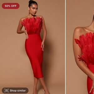 Brand new never worn red feathered bandage midi dress